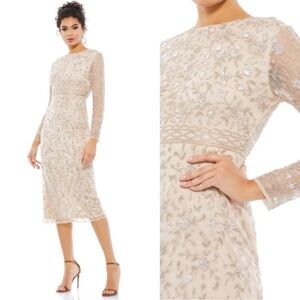 Mac Duggal 10812 Beaded Tea Length Gown with Sheer Sleeves Size 6 NWT